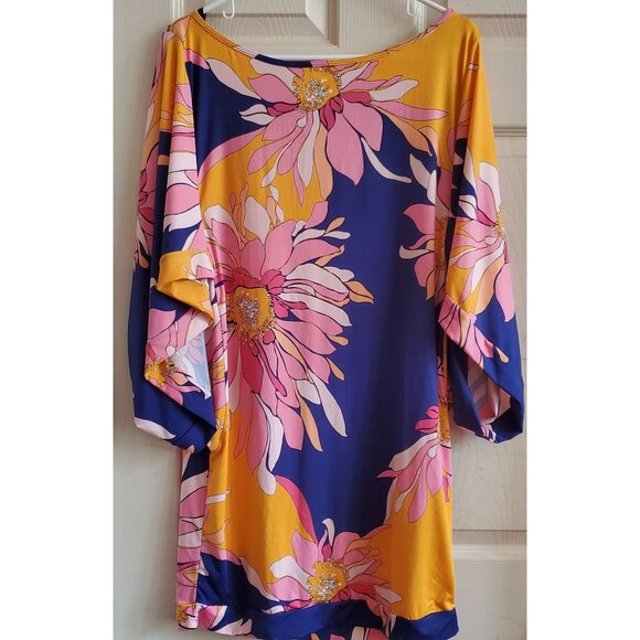 NWOT Trina Turk Wm L Bold Cheerful Floral Dress Blouse WrinkleFree Liquid Fabric - Picture 1 of 8